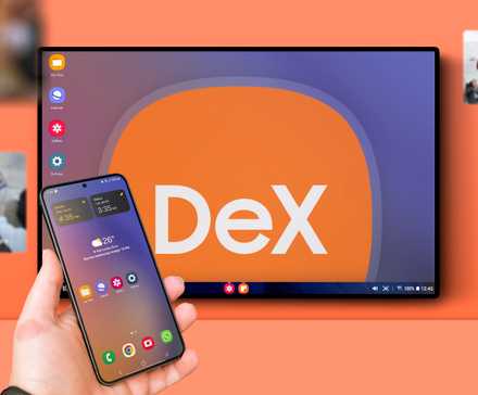 A hand holding a Samsung phone, with a rear screen showing DeX mode.