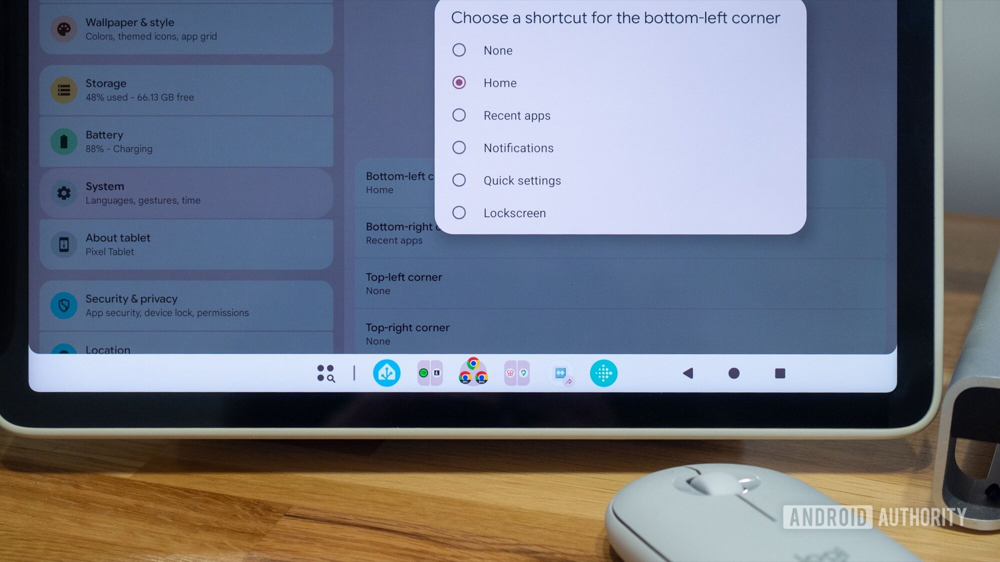 google pixel tablet android mouse hot display corner shortcuts