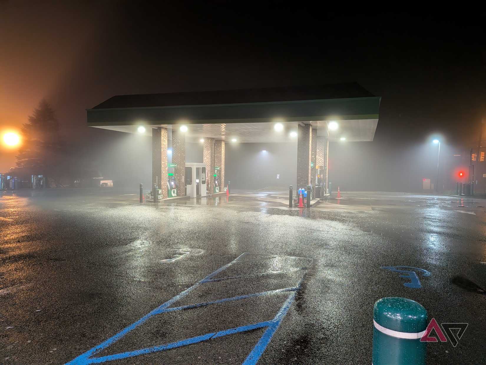 A photo of a gas station taken with Night Sight on the Pixel 10a