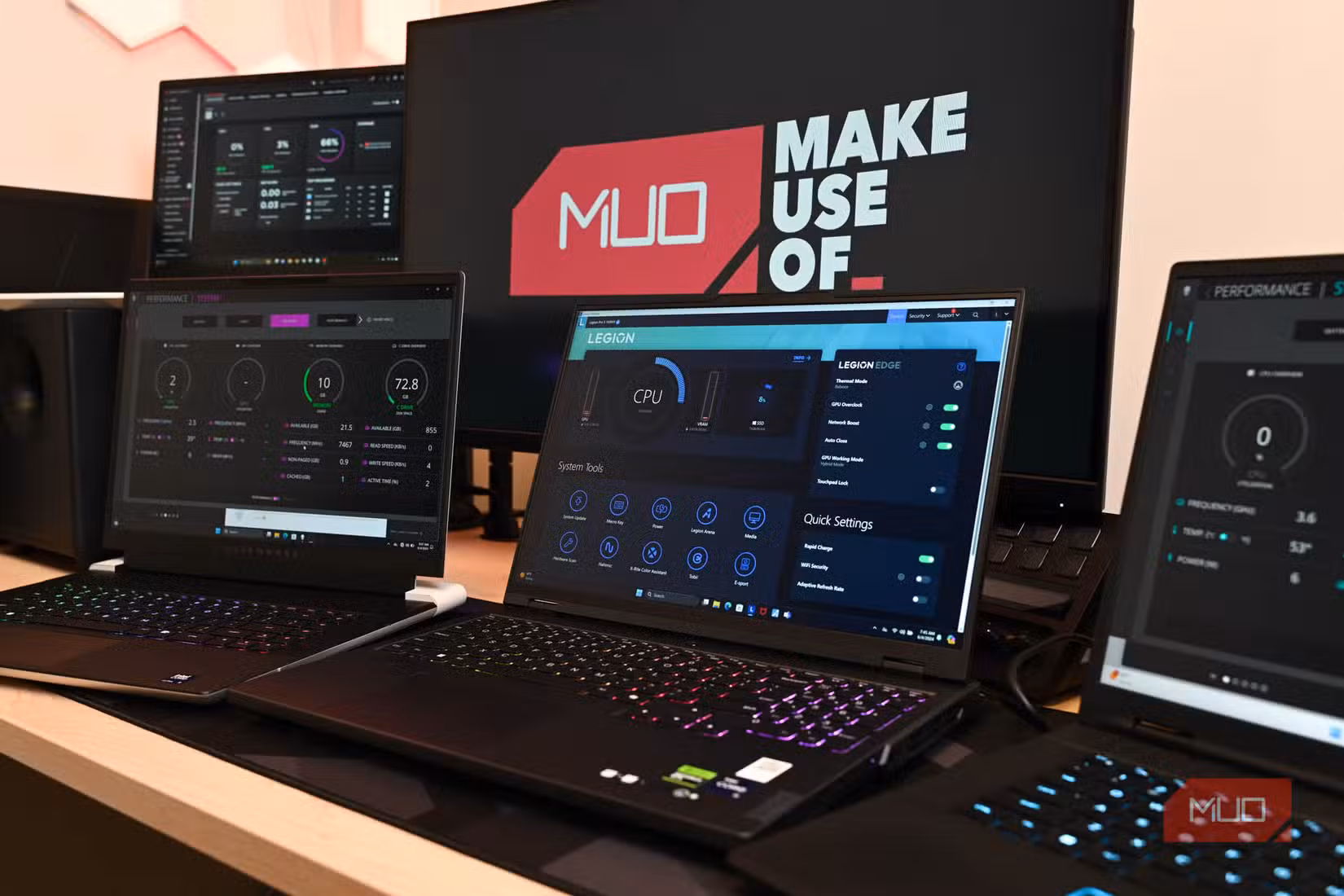 Testing Gaming Laptops in front of a monitor with the MakeUseOf logo