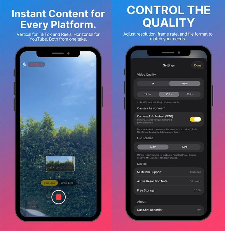 Both smartphones display a video recording device. Left shows the camera view of the blue sky and trees, with recording options. The right shows the adjustable settings for video quality, camera assignment, frame rate and file format.