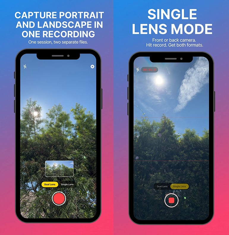 Both phones show the camera app. The screen on the left shows how the two lenses capture the shape and image at once. The right shows a single-lens approach with only one record. Commands and buttons appear on both screens.