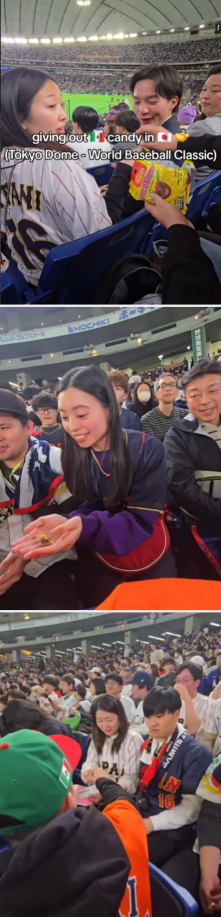 People handing out Mexican candy at a Japanese baseball stadium, enjoying the game, caption: handing out Mexican candy in Japan (Tokyo Dome - World Baseball Classic)