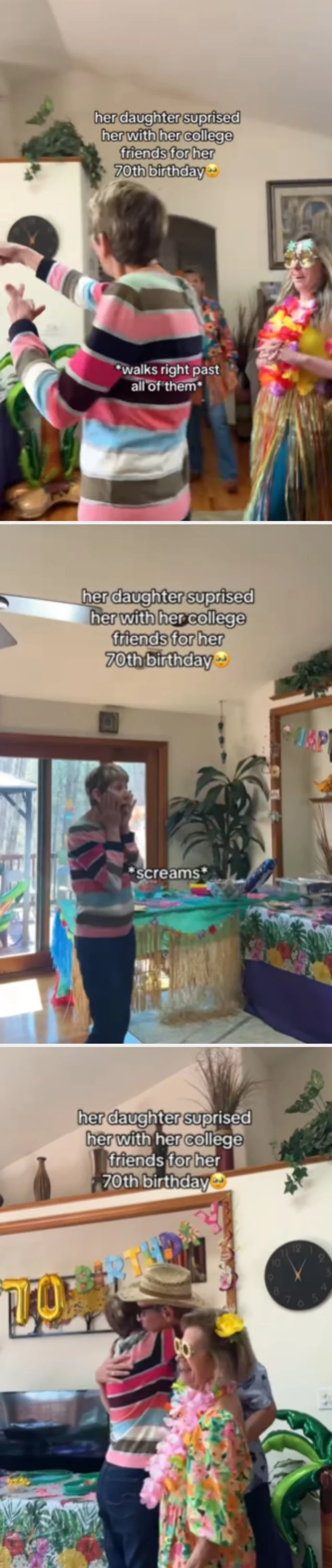 A woman in a striped sweater is surprised by her college friends for her 70th birthday; a friend in a hula dress walks by. The text describes the event