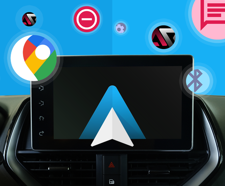 A car's dashboard screen showing the Android Auto logo, surrounded by floating icons of Google Maps, do not disturb, messaging, and automation tools.