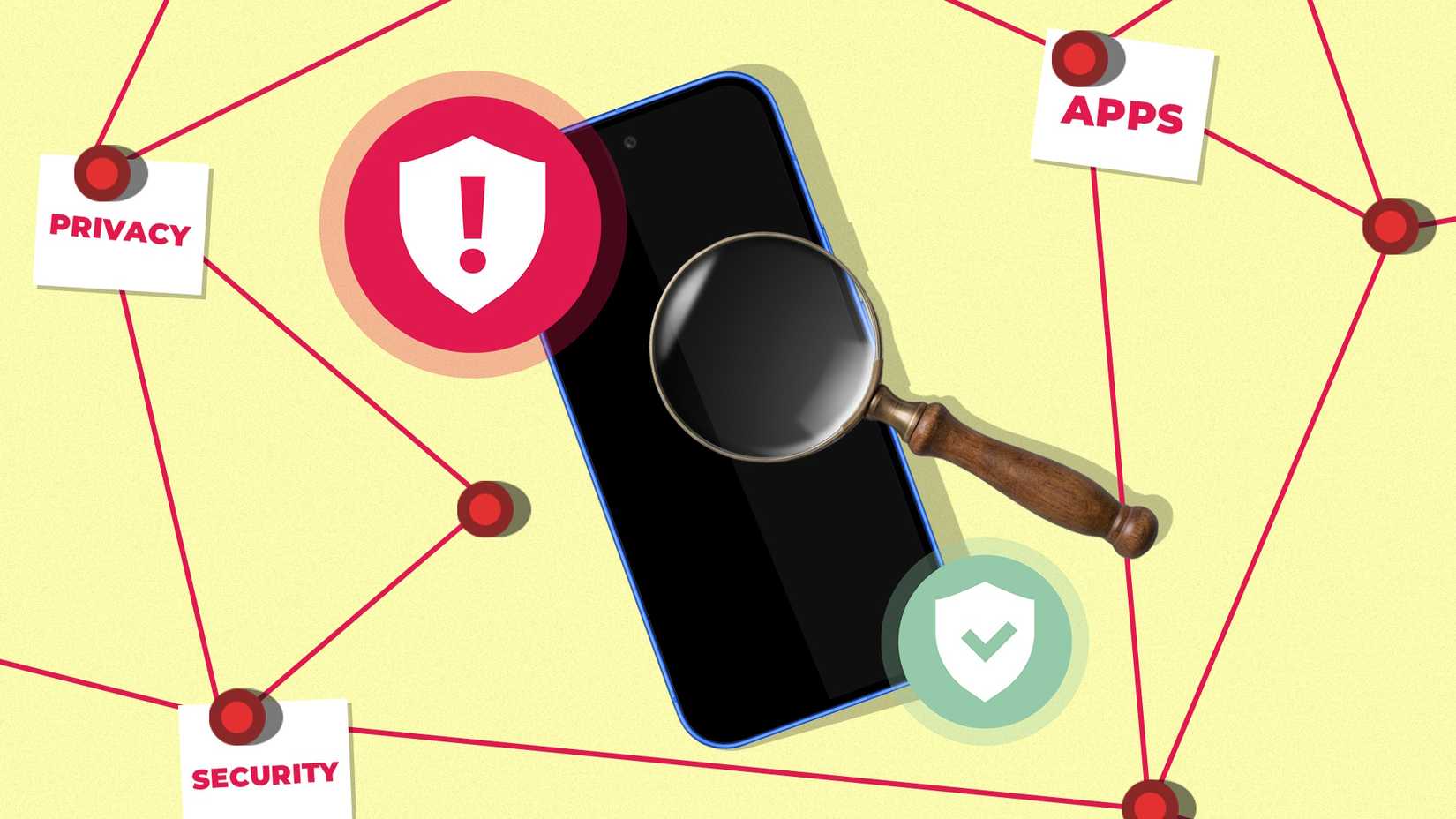 Smartphone under a magnifying glass with grid lines connecting information labeled 'Privacy', 'Apps', and 'Security'