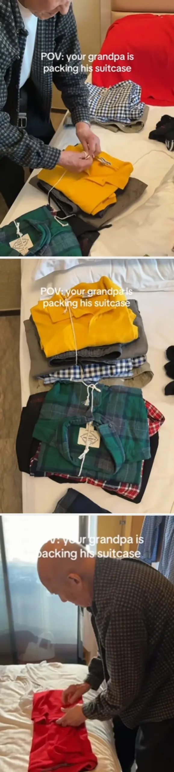 A person who folds clothes, packs a suitcase; the text is read "POV: your grandfather is packing his suitcase."