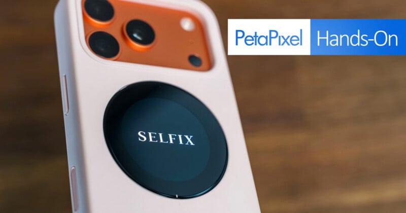 Next to the smartphone with three rear cameras and a circular device written "SELFIX," with the Petapixel Hands-On logo on the back.