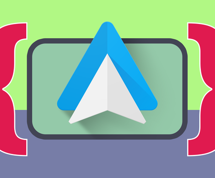 The Android Auto logo is displayed in curved red bars.