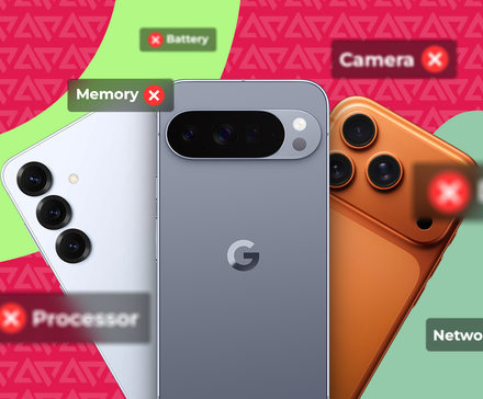 Three smartphones with red 'X' marks on the labels of battery, camera, memory, display, network and processor details.