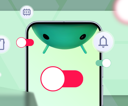 The Android mascot looks out from a smartphone surrounded by disabled switches