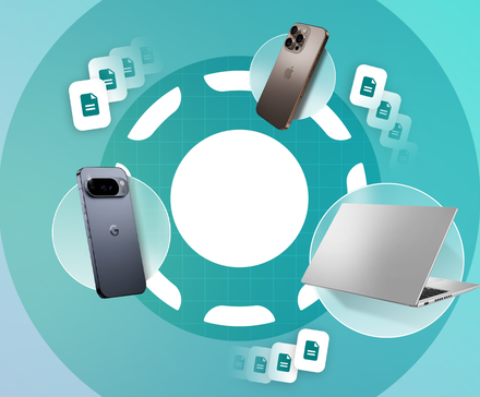 A Google Pixel phone, iPhone, and laptop are arranged in a circle around the LocalSend icon, with document images floating between them in the background.