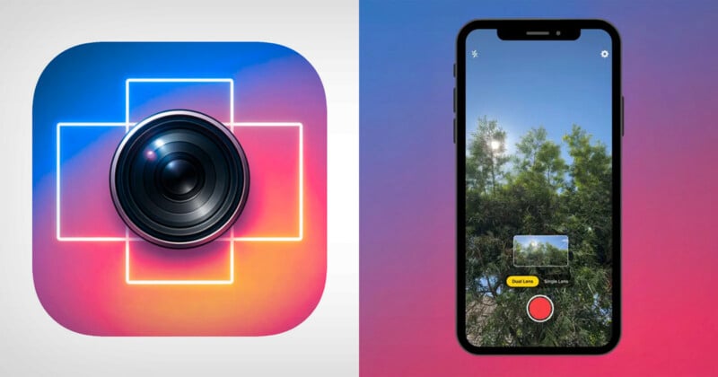 The camera app icon with a lens and neon lines is on the left, while on the right, the smartphone screen shows a camera app taking a photo of trees under a blue sky. Both images have a pink and blue background.