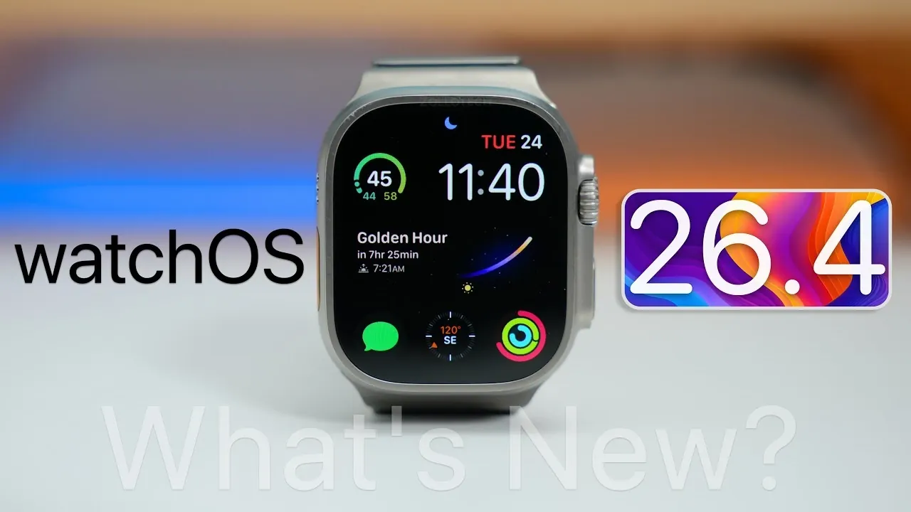 Apple Watch displays the watchOS 26.4 software update page with download progress and installation options displayed.