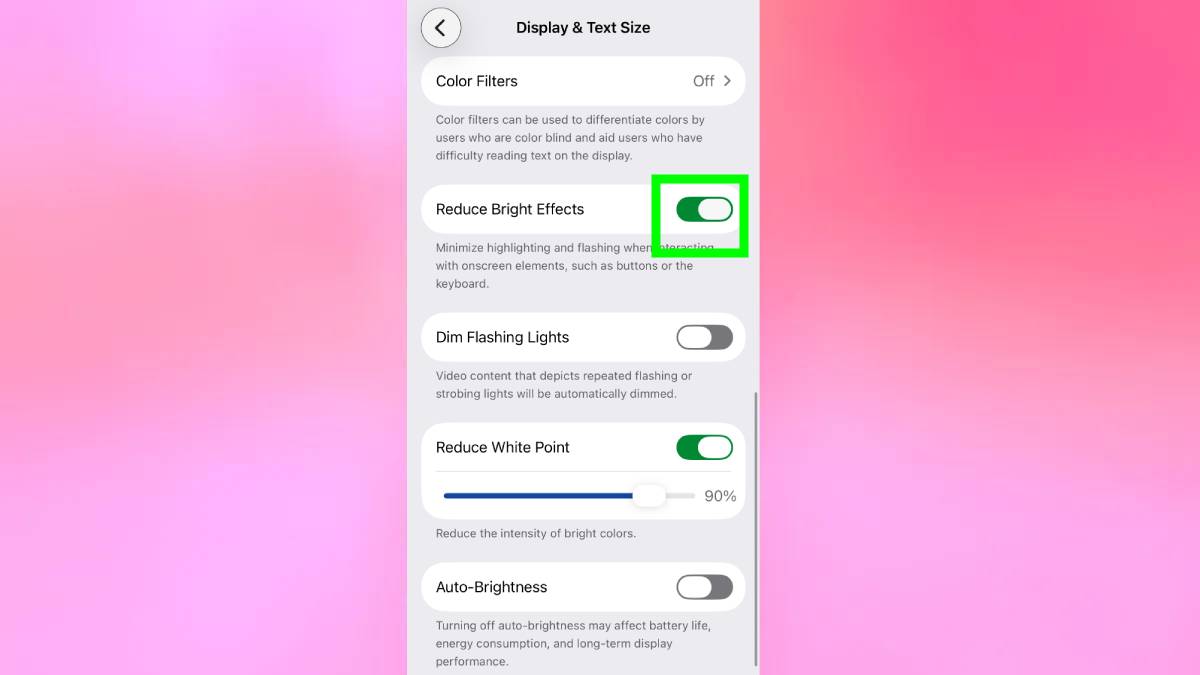 Reduce brightness effects on iPhone iOS 26.4