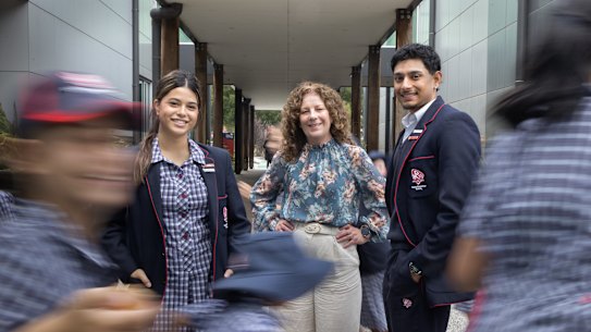 Casey Grammar headteacher Fiona Williams and pupils.