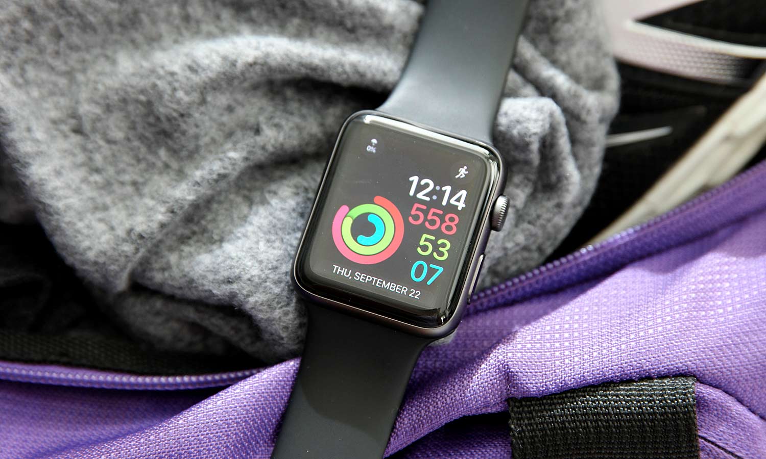 Apple Watch 2 on top of the gym bag