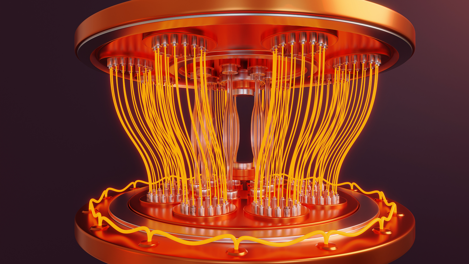 An instrument tower made of copper discs connected by light wires and vacuum tubes. A conceptual diagram of a quantum computer and a computer